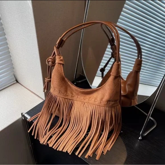Fringed Western Tan PU Leather Shoulder Bag - Picture 1 of 5